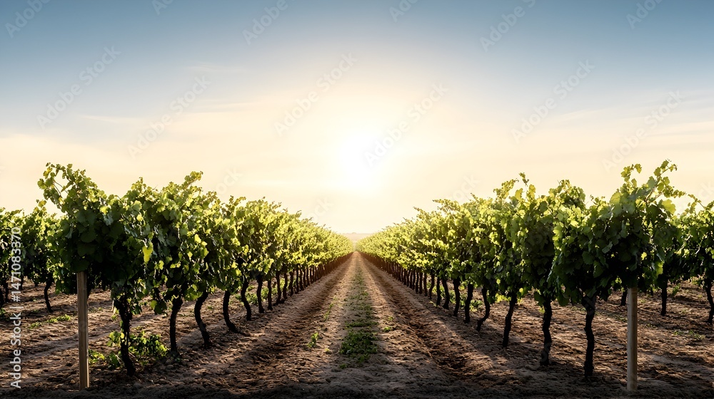 Naklejka premium A picturesque vineyard, with rows of grapevines stretching towards a brilliant sunset