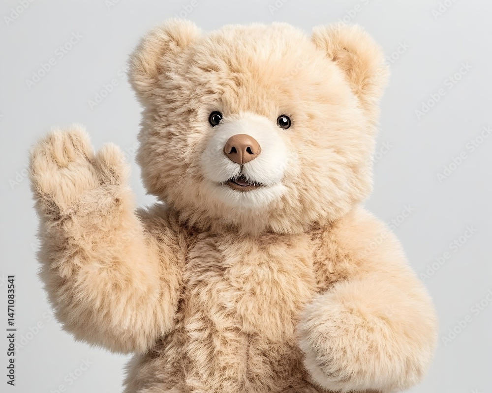 A plush beige teddy bear with a friendly expression waves hello with its right paw against a plain white background A plush beige teddy bear with a friendly expression waves hello with its right paw against a plain white background