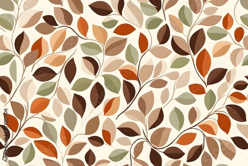 A seamless pattern of stylized leaves in various shades of brown, green, and orange, set against a white background