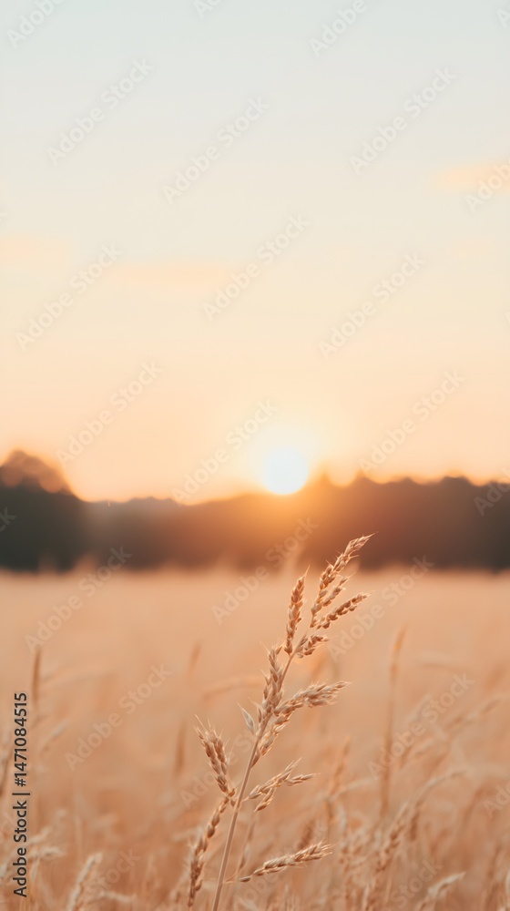 Fototapeta Golden Hour Farmland Sunset: Minimalist Grass Field