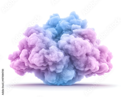 A vibrant, abstract cloud of pink and blue smoke against a white backdrop