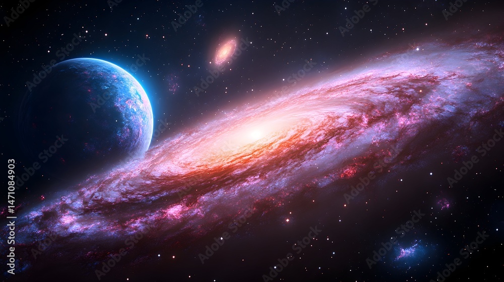 Obraz premium A vibrant, swirling galaxy with a blue planet in the foreground