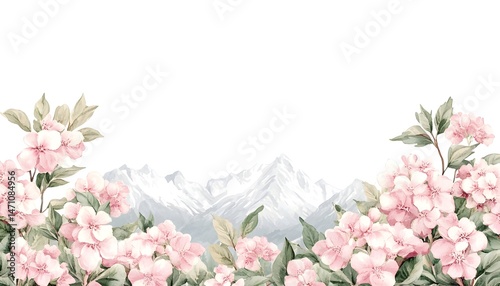 A watercolor illustration of a mountain range with blooming pink flowers on each side