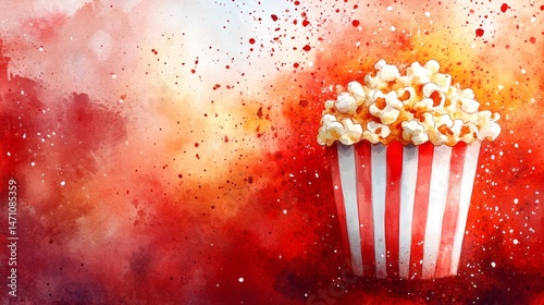 Colorful painted popcorn container against a vibrant background.