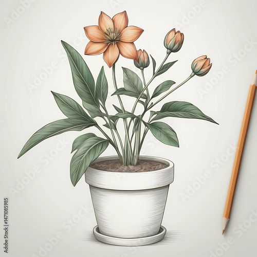 3D sketch of a potted flowerplant, photo