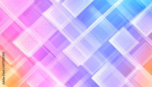 An abstract background with overlapping translucent white rectangles in a diagonal pattern on a gradient of orange, pink, and blue