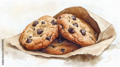 Delicious chocolate chip cookies nestled in brown paper.