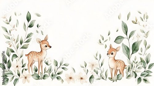 Two adorable brown deer with white spots standing amidst green leaves and white flowers, on a white background