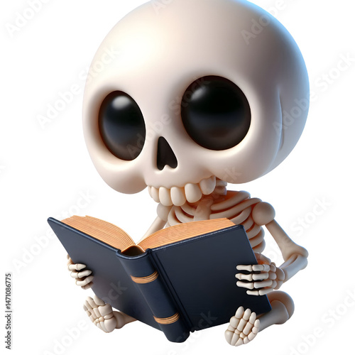 Cute 3d skeleton reading a book isolated on white background