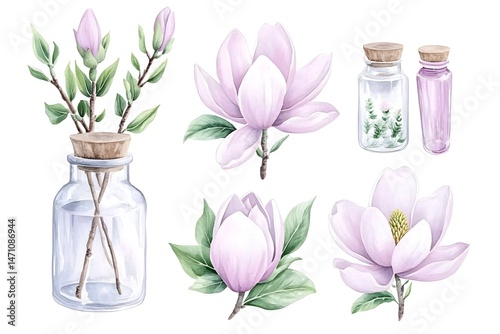 Watercolor illustration of pink magnolia flowers, buds, and leaves in glass jars with cork lids