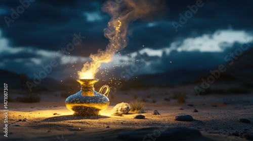 Fantasy scene of lamp with sparkling magic smoke in nighttime desert