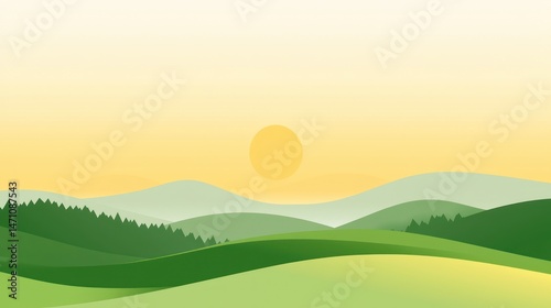 Simple, stylized illustration of a tranquil, rolling hills landscape at sunrise.