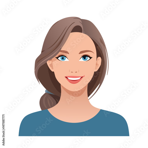 Flat Vector. Portrait of only one Woman. Simple Background.