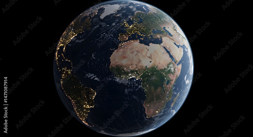Fototapeta premium Earth at Night From Space Showing City Lights and Continents