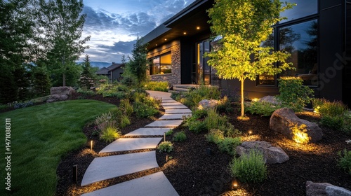 Front yard featuring clean modern path and cozy lights in chic landscape setup