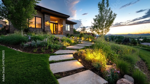 Front yard with warm LED path lights emphasizing structure and flow of design