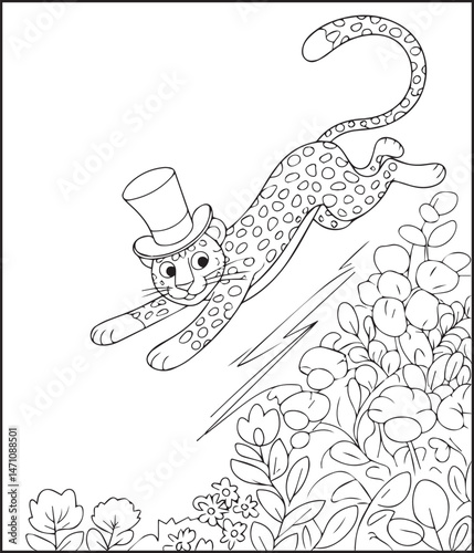 Cute leopard in jungle natural background black line art vector illustration for children coloring page or book design