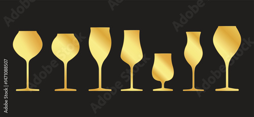 Set Gold Wine Glasses on Black Background