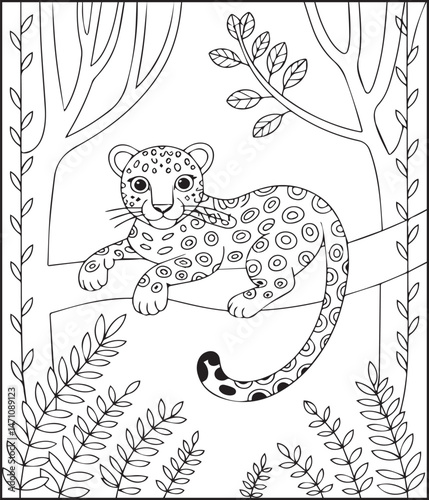 Cute leopard sitting on tree branch in jungle natural background black line art vector illustration for children coloring page or book design