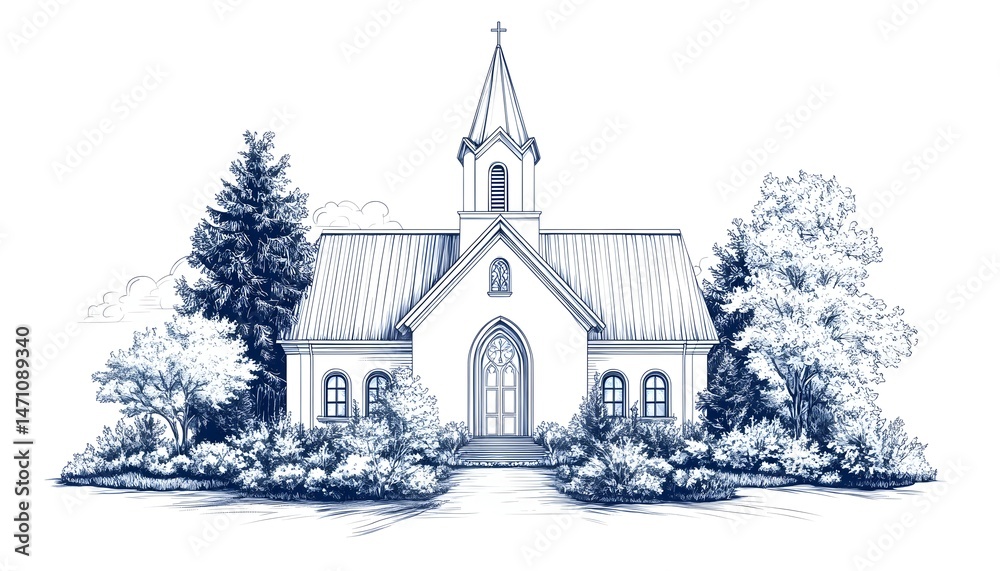 Fototapeta premium A charming, white church with a steeple, surrounded by trees and bushes