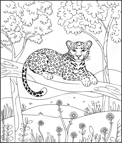 Cute leopard sitting on tree branch in jungle natural background black line art vector illustration for children coloring page or book design