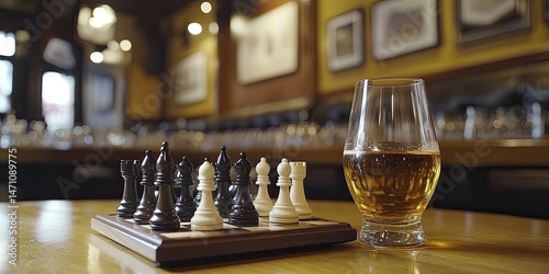 Wooden chessboard and whisky glass on a bar top.
