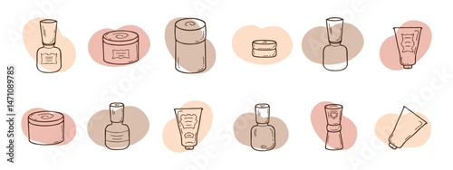 Variety of cosmetic packaging bottles. Flat vector isolated icons illustration set for decor and design.