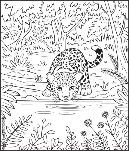 Cute leopard in jungle natural background black line art vector illustration for children coloring page or book design