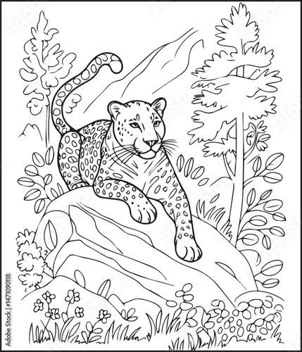 Cute leopard in jungle natural background black line art vector illustration for children coloring page or book design