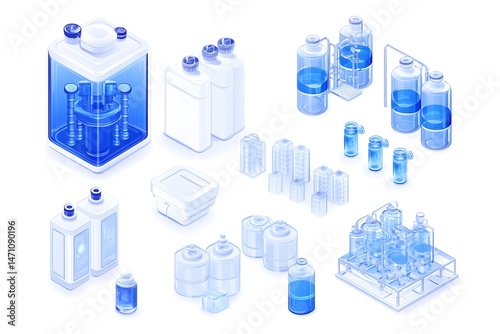 A collection of laboratory equipment, including beakers, flasks, and tubes, all rendered in a modern, isometric style