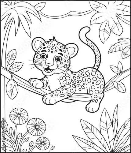 Cute leopard sitting on tree branch in jungle natural background black line art vector illustration for children coloring page or book design