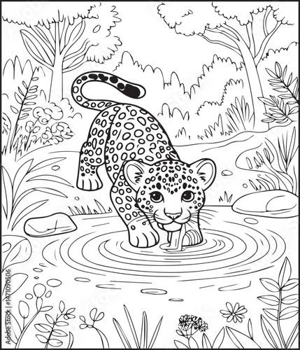 Cute leopard in jungle natural background black line art vector illustration for children coloring page or book design