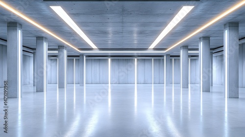 A futuristic  minimalist space with a concrete floor and walls  illuminated by a grid of bright  white neon lights