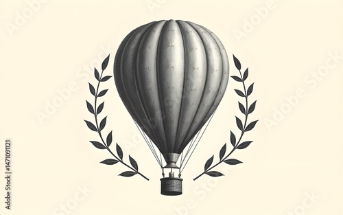 Vintage Engraving of a Hot Air Balloon with Leaf Design Elements. High quality