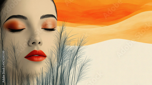 Woman with closed eyes and red lips abstract artistic illustration