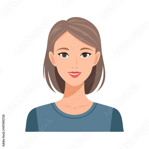 Flat Vector. Portrait of only one Woman. Simple Background.