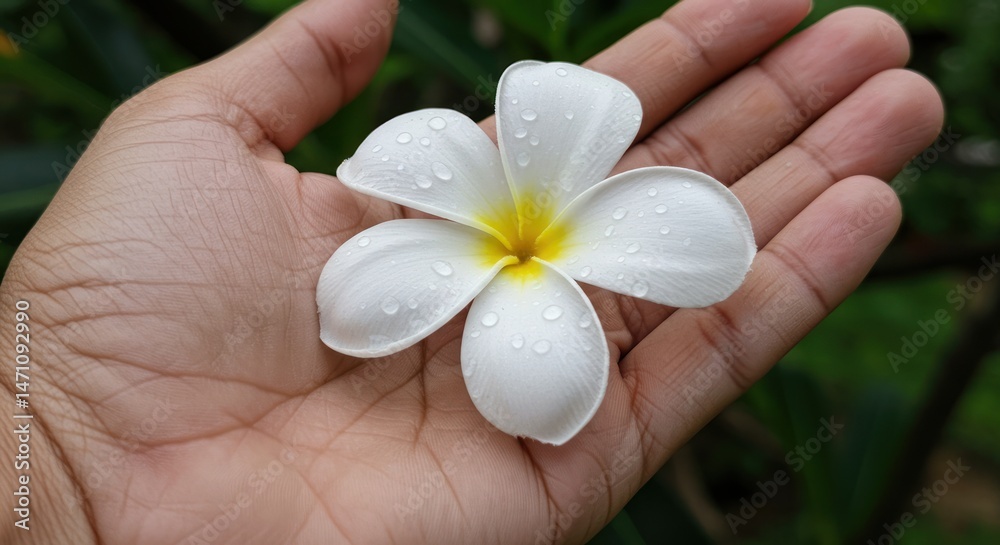 Hand holding a white and yellow flower outdoors with green background. Hand holding a white and yellow flower outdoors with green background.