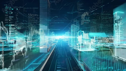 Futuristic Digital Cityscape Glowing Data Stream, Tech Architecture - 4K.