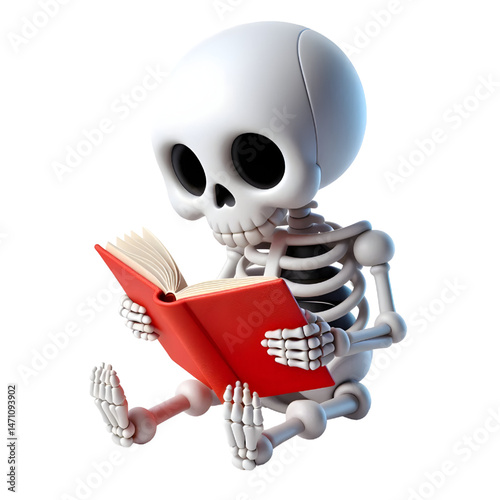 Cute 3d skeleton reading a book isolated on white background