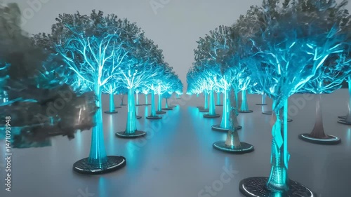 Sci-Fi Tree Grove Glowing Blue, Abstract Technology Forest Visuals Video Extract in 4K.