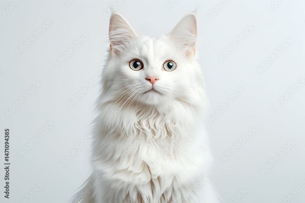 A white cat with heterochromia, one blue eye and one green eye, stares directly at the camera A white cat with heterochromia, one blue eye and one green eye, stares directly at the camera