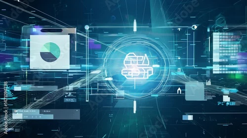 Futuristic Tech Display with Data Charts and HUD Elements in 4K.