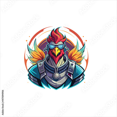 Illustration of a rooster wearing armor and sunglasses with wings behind it