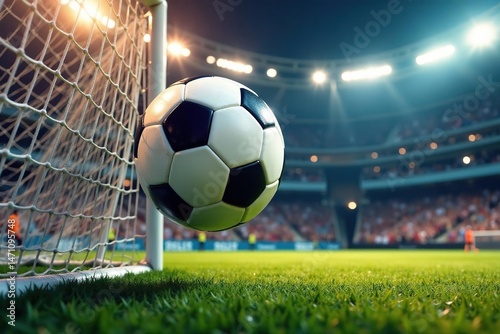 A soccer ball soaring into a net after a goal , achievement, field