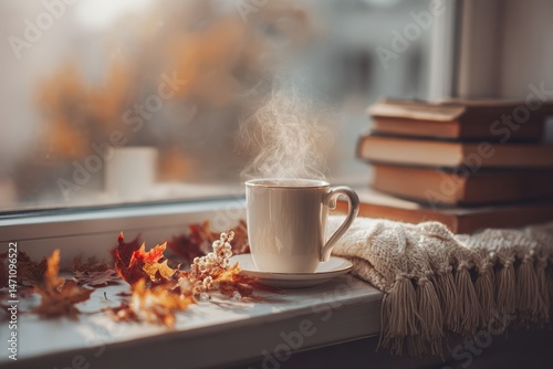 Fototapeta Naklejka Na Ścianę i Meble -  Cozy autumn scene featuring steaming mug of coffee on windowsill with fall leaves and books indoor