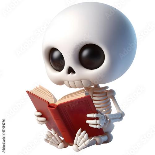 Cute 3d skeleton reading a book isolated on white background