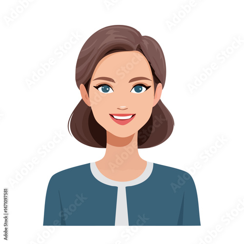 Flat Vector. Portrait of only one Woman. Simple Background.