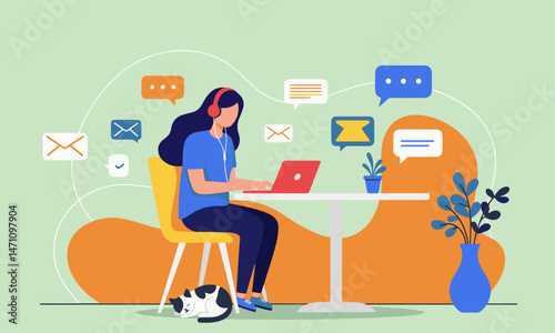 Woman Working Remotely with Communication Icons
