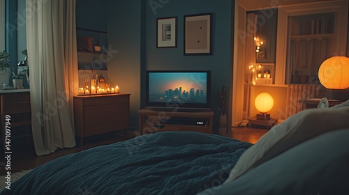 Cozy bedroom interior with television and warm lighting.
