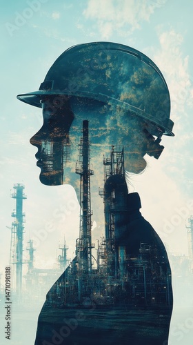 Silhouette of female engineer wearing hardhat with refinery double exposure industrial concept